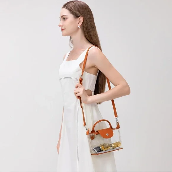 NEW Clear PVC Transparent Two-Way Tote Bag w/ Brown Accents Crossbody Stadium - Picture 2 of 4